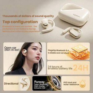 Lenovo Écouteurs Bluetooth open-ear EA340, convenant aux sports, course, jeux, musique, compatibles avec les téléphones Apple, Huawei, Xiaomi, Bluetooth 5.4 avec une longue autonomie et une faible latence, couleur noire