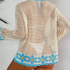 Swim Mod cache-maillot de plage colorée à motif floral dopamine pour femmes, style vintage campagne avec décolleté retourné et manches longues en maille transparente ajourée, idéal pour les vacances à la plage au printemps/été