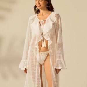 CAJUNI Couvre-maillot de bain boho tropical casual pour femme, manches longues à volume, coupe-vent léger, blanc laiteux