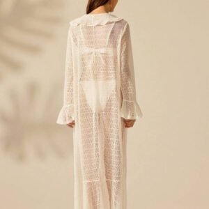CAJUNI Couvre-maillot de bain boho tropical casual pour femme, manches longues à volume, coupe-vent léger, blanc laiteux