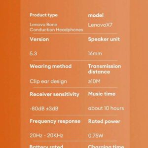 Lenovo Écouteurs Bluetooth Lenovo X7 avec annulation du bruit, conduction osseuse, design à crochet d'oreille pour le sport, la course, le cyclisme, une autonomie extra longue, une faible latence, à écouteurs ouverts, sans fil, compatibles avec les smartphones dont