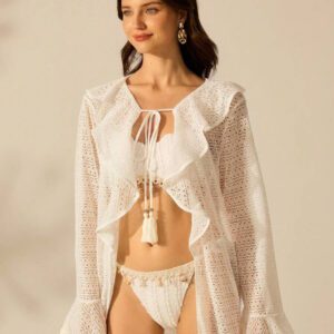 CAJUNI Couvre-maillot de bain boho tropical casual pour femme, manches longues à volume, coupe-vent léger, blanc laiteux