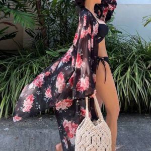 DAZY Kimono transparent avec fente latérale et imprimé floral pour femme, idéal pour l'été et les vacances à la plage