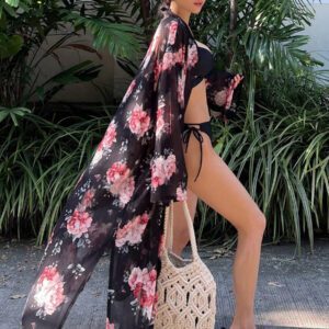 DAZY Kimono transparent avec fente latérale et imprimé floral pour femme, idéal pour l'été et les vacances à la plage