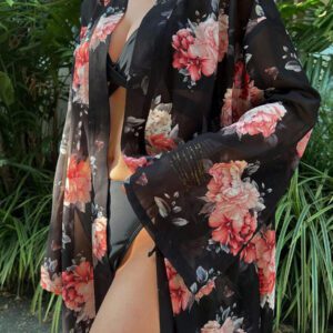 DAZY Kimono transparent avec fente latérale et imprimé floral pour femme, idéal pour l'été et les vacances à la plage