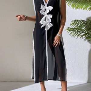 SHEIN Swim Peignoir femme simple sans manches en couleur unie et patchwork, vêtement de vacances décontracté