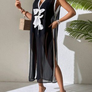 SHEIN Swim Peignoir femme simple sans manches en couleur unie et patchwork, vêtement de vacances décontracté