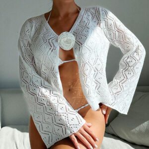 SHEIN Swim Kimono cardigan d'été en fleurs 3D décoré avec découpe ajourée pour femmes