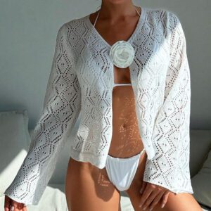 SHEIN Swim Kimono cardigan d'été en fleurs 3D décoré avec découpe ajourée pour femmes