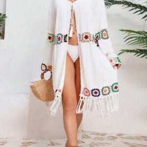 Swim Vcay Femmes Boho Vintage Cardigan Long Imprimé Floral Contrasté Léger Couvre-plage Avec franges
