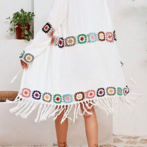Swim Vcay Femmes Boho Vintage Cardigan Long Imprimé Floral Contrasté Léger Couvre-plage Avec franges