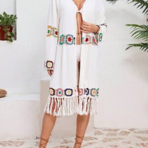 Swim Vcay Femmes Boho Vintage Cardigan Long Imprimé Floral Contrasté Léger Couvre-plage Avec franges