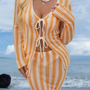 SHEIN Swim Femmes Kimono ajouré blocs de couleurs avec liens, style décontracté pour vacances de printemps et d'été