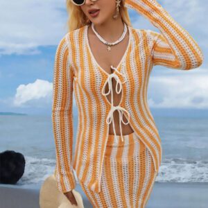 SHEIN Swim Femmes Kimono ajouré blocs de couleurs avec liens, style décontracté pour vacances de printemps et d'été