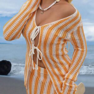 SHEIN Swim Femmes Kimono ajouré blocs de couleurs avec liens, style décontracté pour vacances de printemps et d'été