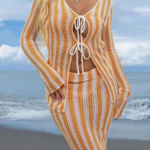SHEIN Swim Femmes Kimono ajouré blocs de couleurs avec liens, style décontracté pour vacances de printemps et d'été