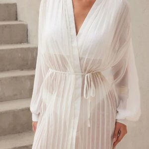 SHEIN Swim Kimono d'été pour femmes en mousseline plissée avec ceinture à nouer, convient pour la plage, les vacances