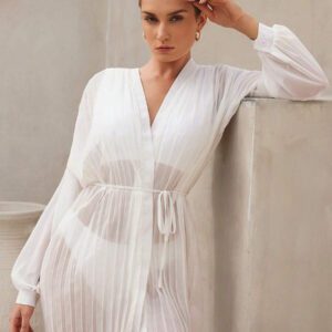 SHEIN Swim Kimono d'été pour femmes en mousseline plissée avec ceinture à nouer, convient pour la plage, les vacances