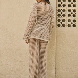 Swim Chiccia Kimono de plage couvrant en maille ajourée au crochet pour le printemps et l'été. Élégant, décontracté, rétro et bohème avec décoration de perles en bois et manches lanternes. Convient pour les festivals de musique