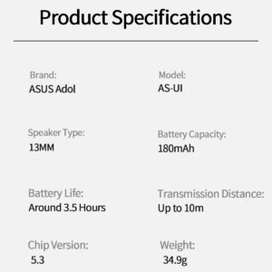 ASUS Écouteurs sans fil Asus AS-UI avec micro, écouteurs intra-auriculaires semi-intra-auriculaires anti-bruit, casque avec micro compatible avec /Android/iOS