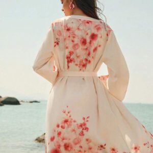 Anewsta Robe de plage femme à manches longues, longueur genou, avec ceinture, en satin, imprimé floral, convient pour le printemps/été, la plage, les vacances