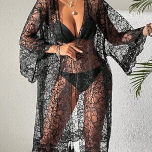 SHEIN Swim Femmes Kimono Transparente à Manches Longues de Couleur Unie Longue Robe d'été