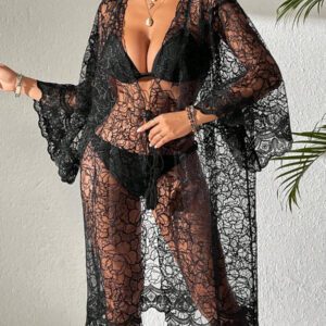 SHEIN Swim Femmes Kimono Transparente à Manches Longues de Couleur Unie Longue Robe d'été