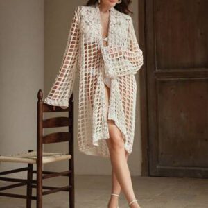 Anewsta Femmes Cachette à manches longues, épaules dénudées, ajourée, tricot au crochet de couleur unie