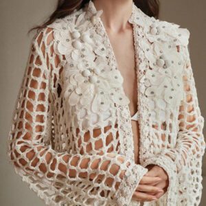 Anewsta Femmes Cachette à manches longues, épaules dénudées, ajourée, tricot au crochet de couleur unie