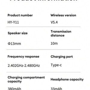 HYUNDAI Écouteurs Bluetooth Hyundai HY-Y11, casque stéréo semi-intra-auriculaire avec écran tactile intelligent, appels haute définition, double mode de réduction du bruit, faible latence, musique, affaires, course à pied, écouteurs Bluetooth intelligents multifonctions