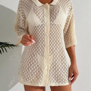SHEIN Élégant couvre-tout tricoté lâche au crochet, tenue décontracté et de villégiature pour femmes en été