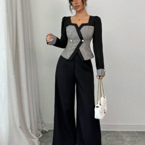 Elenzga Ensemble femme avec Top à l'avant ouvert avec blocs de couleurs et pantalon large unicolore