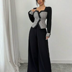 Elenzga Ensemble femme avec Top à l'avant ouvert avec blocs de couleurs et pantalon large unicolore