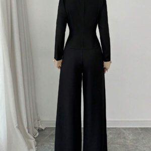 Elenzga Ensemble femme avec Top à l'avant ouvert avec blocs de couleurs et pantalon large unicolore
