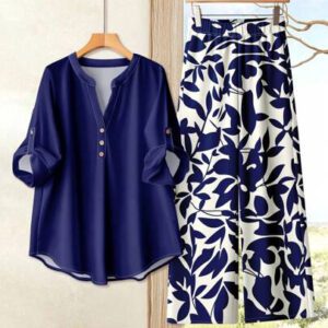 Rusticease Ensemble 2 pièces Top à manches 3/4 et pantalon large, style décontracté minimaliste avec imprimé floral bleu et feuilles pour femme