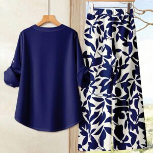 Rusticease Ensemble 2 pièces Top à manches 3/4 et pantalon large, style décontracté minimaliste avec imprimé floral bleu et feuilles pour femme