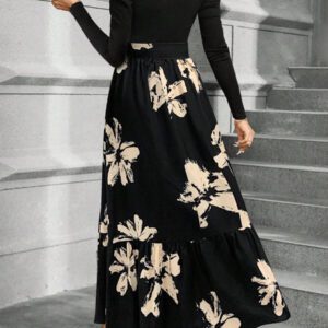 Calvaya Robe longue à manches bouffantes avec ceinture et imprimé floral pour femmes
