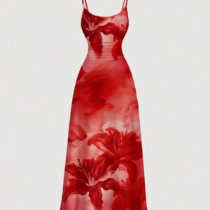 SHEIN MOD Robe fluide à taille froncée avec imprimé tie-dye dégradé de lys rouge, style minimaliste décontracté de vacances
