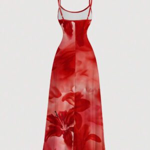 SHEIN MOD Robe fluide à taille froncée avec imprimé tie-dye dégradé de lys rouge, style minimaliste décontracté de vacances