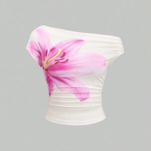 Sweetra Top décontracté pour femmes à épaule oblique plissé avec imprimé floral