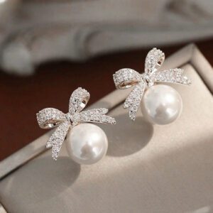 1 Pair Elegant Bow Faux Pearl Rhinestone Stud Earrings Valentines