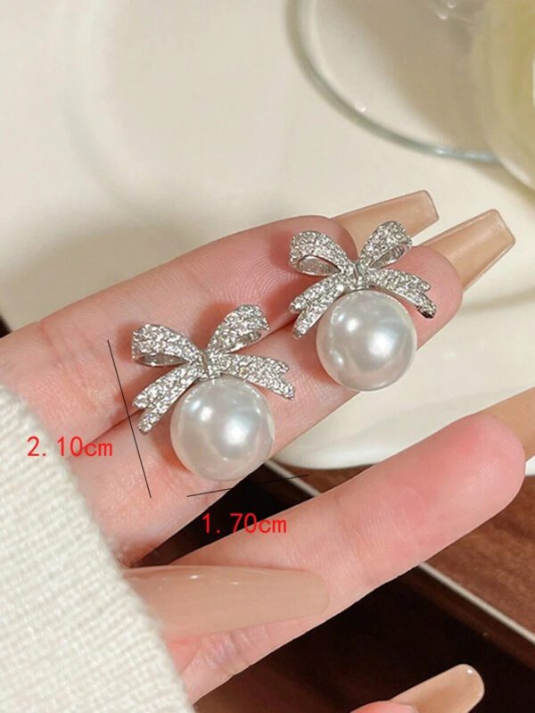 1 Pair Elegant Bow Faux Pearl Rhinestone Stud Earrings Valentines – Image 13