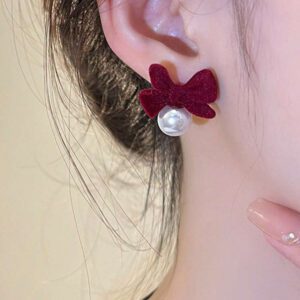1 Pair Elegant Bow Faux Pearl Rhinestone Stud Earrings Valentines
