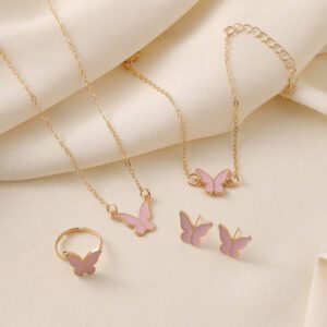 5 Pieces Set Women Fashion Jewelry Accessories - Butterfly Pendant Necklace, Bracelet, Ring, Earrings, Everyday Wear