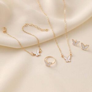 5 Pieces Set Women Fashion Jewelry Accessories - Butterfly Pendant Necklace, Bracelet, Ring, Earrings, Everyday Wear