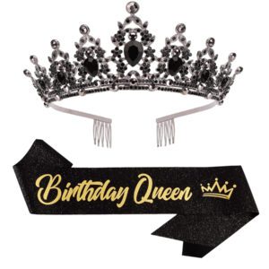 2pcs/Set Crystal Birthday Queen Tiara Crown Ribbon For Women Girls Birthday Queen Headband Sash Elegant Princess Crown With Combs Mom Birthday Hair Accessories Happy Birthday Party Decorations, Back To School Valentine Day