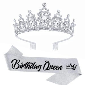 2pcs/Set Crystal Birthday Queen Tiara Crown Ribbon For Women Girls Birthday Queen Headband Sash Elegant Princess Crown With Combs Mom Birthday Hair Accessories Happy Birthday Party Decorations, Back To School Valentine Day