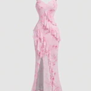SHEIN MOD Robe d'été rose à encolure en V, avec découpe, volants à l'ourlet, fente haute et imprimé tie-dye