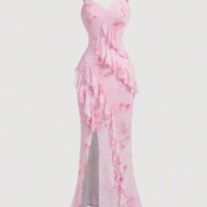 SHEIN MOD Robe d'été rose à encolure en V, avec découpe, volants à l'ourlet, fente haute et imprimé tie-dye