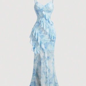 SHEIN MOD Robe d'été rose à encolure en V, avec découpe, volants à l'ourlet, fente haute et imprimé tie-dye